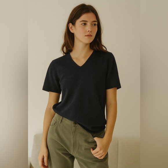 COS Tops - COS V Neck Fine Knit Heathered Blue Cotton Shirt Ladies Size Small